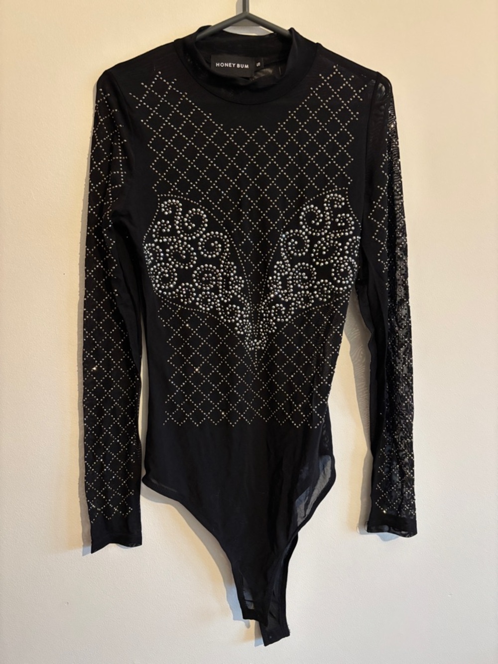 Honey Bum Black MeshLong-Sleeve Embellished Bodysuit